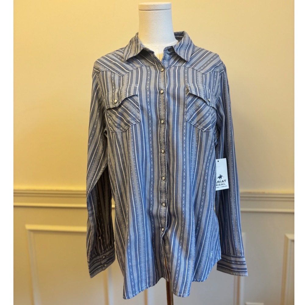 Ariat Real Western Shirt XL Blue Striped Snap Front Cowgirl Rodeo Long Sleeve